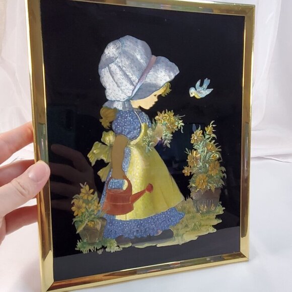 VTG 1951 Holly Hobbie Foiled Picture Tinsel Wall Art With Gold Frame Americana - Picture 12 of 16